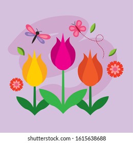 hello spring poster with flowers and insects flying vector illustration design