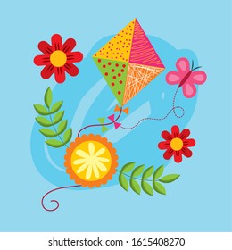 hello spring poster with flowers and kite flying vector illustration design