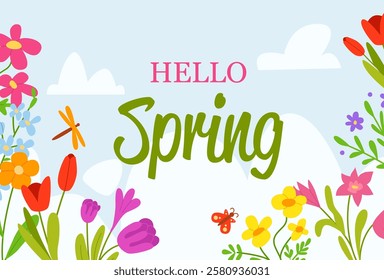 Hello Spring. Poster with flowers.  Suitable for social media posts, greeting card, invitation, mobile apps, banners design. Hand drawn vector illustration.