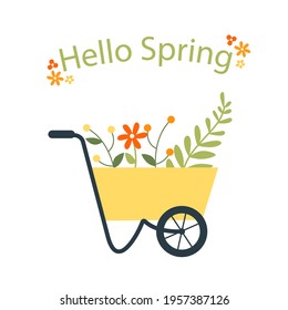 Hello spring poster. Garden background with wheelbarrow and flowers. Vector illustration.