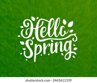 Hello Spring Poster With Green Grass, Vector Illustration