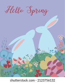Hola primavera. Cartel de primavera, tarjeta de saludo. ¡Feliz Pascua! Bonitos conejos con flores. Hermosa pareja romántica. Ilustración vectorial dibujada a mano.