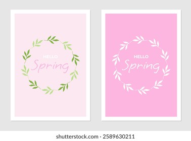 Hello spring poster and greeting card. Background with green leaves, twigs and plant elements. Text design