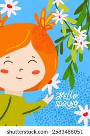 Hello spring poster. Happy red-haired girl, white flowers, and green leaves on blue background. Great for greeting cards, banners, and prints