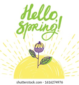 Hello, spring! Poster on the spring theme. Stylized vector graphics in cartoon style.