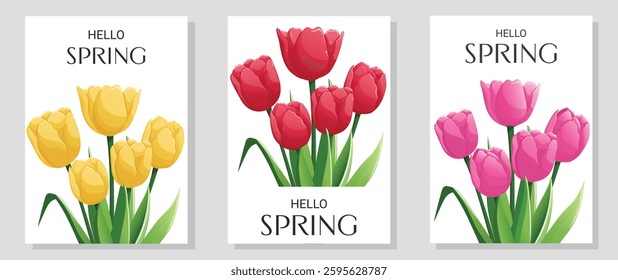 Hello Spring poster set with yellow, pink and red tulips.Vector illustration for postcard, advertisement, invitation, sale.