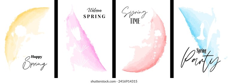 Hello spring poster template with abstract watercolor drawing flower. Floral art hand drawn placard. Botanical artistic paint brush cover set. Banners with summer blooms. Herbal plants vector postcard