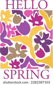 Hello Spring poster with tulip flowers. Abstract flower art set background. Doodle shapes in retro  70s vintage style.