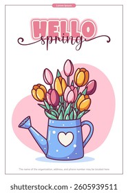 Hello Spring Poster with Tulips in Watering Can