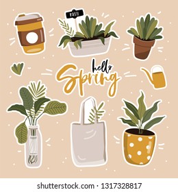 Hello spring poster in vector. Cute flowers, plants and other graphic elements in stylish colors. 