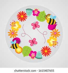 hello spring poster with wreath floral frame vector illustration design