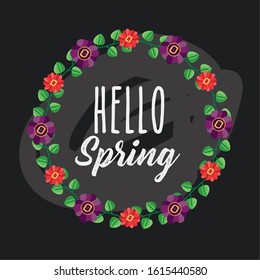 hello spring poster with wreath floral frame vector illustration design
