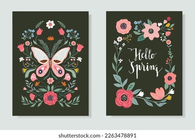 Hello Spring posters, cards, invitations,  flyers with floral design, butterfly and floral frame, different flowers in bloom and plants