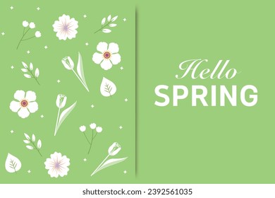Hello Spring posters, cards, invitations, flyers with floral design, butterfly and floral frame, different flowers in bloom and plants. Template for advertising, web, social media.