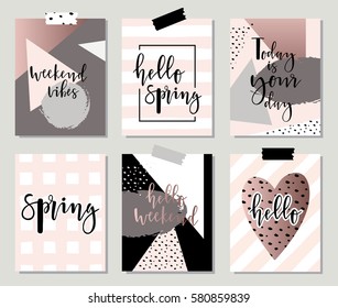 Hello spring posters set with geometric elements. Vector illustration with lettering. Creative journaling cards. Hand Drawn textures made with ink.