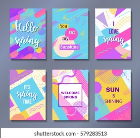 Hello spring posters set in trendy 80s-90s style with geometric patterns and shapes. Vector illustration with lettering and colorful background