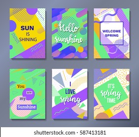 Hello spring posters set in trendy 80s-90s style with geometric patterns and shapes. Vector illustration with lettering and colorful background