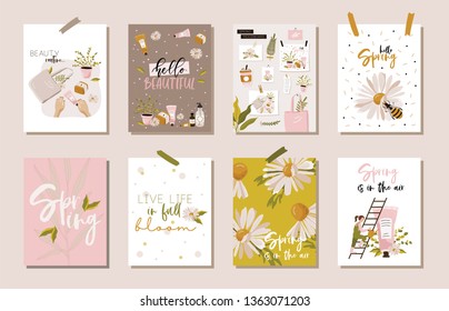 Hello spring posters in vector. Cute flowers, plants, cosmetic and lettering in stylish colors. 