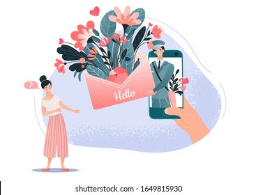 Hello spring postman letter mail flowers bouquet elements on white background cartoon people man and woman vector illustration. Female and male spring time love news. Spring is coming card