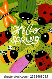 Hello spring print. Cute insects - bug, bee and butterfly. Card, poster, invitation, kids design, seasonal decorations, and digital backgrounds