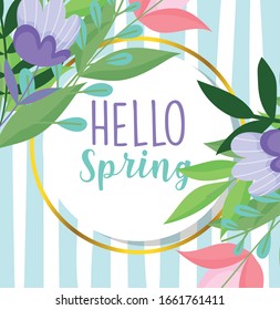 hello spring, purple flowers leaves frame striped background vector illustration