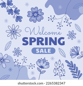 Hello Spring purple hand logotype, badge typography icon. Lettering spring season with leaf for greeting card, invitation template. Modern lettering banner poster template background, Sale, offer