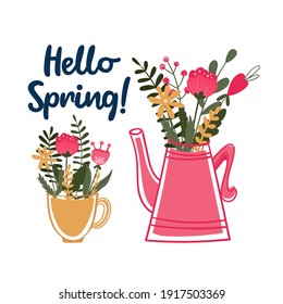 Hola cita de primavera. La composición floral está en Teapot y taza. Cocina con ramo de flores. 