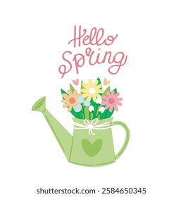 Hello spring quote. Floral springtime hand drawn prints design. Positive stickers, postcards or posters