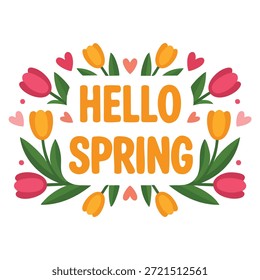 Hello spring quote floral vector illustration hand drawn prints perfect for cheerful springtime posters postcards stickers and seasonal positive themed designs