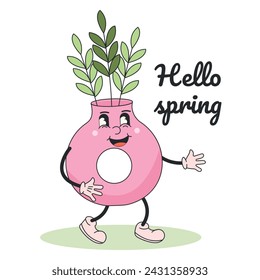 Hello spring quotes. Cute cartoon character with flowers. Flat vector illustration for congratulations, cards, labels, stickers.