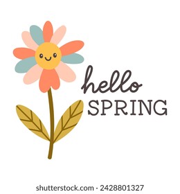 Hello spring quotes. Floral springtime hand drawn prints design. Positive phrases for stickers, postcards or posters