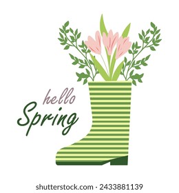 Hello spring quotes. Floral springtime hand drawn prints design. Positive phrases for stickers, postcards or posters