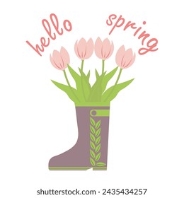 Hello spring quotes. Floral springtime hand drawn prints design. Positive phrases for stickers, postcards or posters