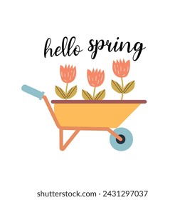 Hello spring quotes. Spring label with season calligraphy quotes, flowers. Positive phrases for stickers, postcards or posters. Vector illustration.