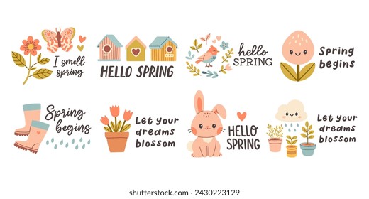 Hello spring quotes set. Floral springtime hand drawn prints design. Positive phrases for stickers, postcards or posters