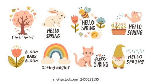 Hola conjunto de citas de primavera. Diseño de estampados dibujados a mano en primavera floral. Frases positivas para pegatinas, postales o carteles