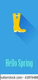 Hello spring rain boots flat vector card 