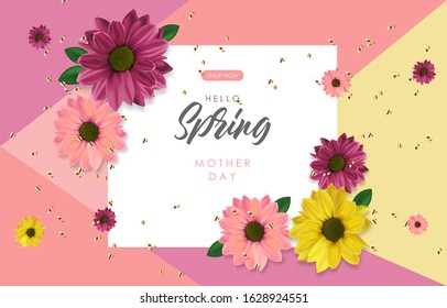 Hello spring, realistic colored flowers, weeding card, spring invitation, sale shop banner, elegant background, vector illustration