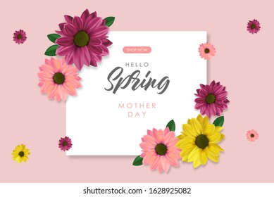 Hello spring, realistic colored flowers, weeding card, spring invitation, sale shop banner, elegant background, vector illustration