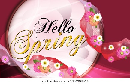 Hello Spring, red background with beautiful flowers.Vector illustration - Images vectorielles