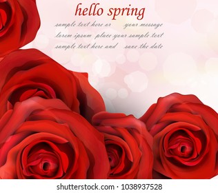 Hello spring red roses Vector. Romantic passional greeting card templates