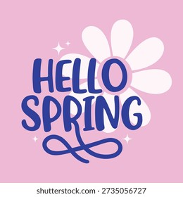 Hello Spring Retro Typography with White Daisy Flower on Pastel Pink Background. A stylish Hello Spring greeting card design. Perfect for seasonal promotions, social media posts, tshirt prints. Trendy lettering.