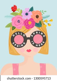 Hello Spring Romantic Banner with Cute Girls and Flowers. Floral Spring Design with Beautiful Woman in Trendy Eyeglasses for Poster, Flyer, Card. Vector illustration