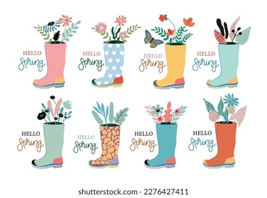 Hola primavera. Botas de goma con ramos. Huella de primavera dibujada a mano, postal, afiche. inscripciones manuscritas