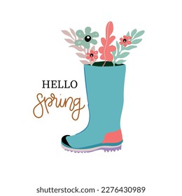 Hello Spring. Rubber boots with bouquets. Hand drawn spring print, postcard, poster. handwritten inscriptions