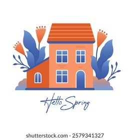 Hello Spring. Rural house among spring plants and flowers. Vector illustration with residental building on village landscape. Cute naive clipart to card, banner, poster, sticker.