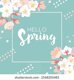 Hello Spring Sakura Background Frame | Spring Design Template ( Vector Material Card Square )