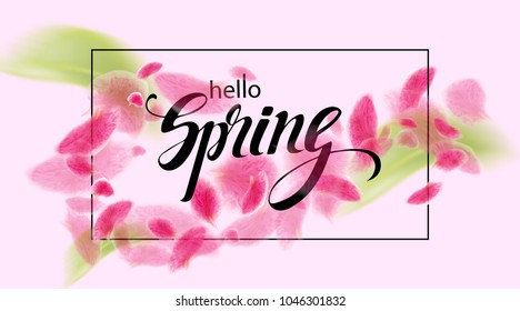 Hello Spring. Sakura's petals are spinning in the air. A spring background with cherry blossoms. Vector illustration.