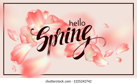 Hola primavera. Los pétalos de Sakura están girando en el aire. Un fondo primaveral con flores de cerezo. Ilustración vectorial. 