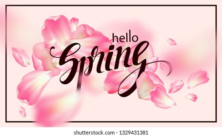 Hello Spring. Sakura's petals are spinning in the air. A spring background with cherry blossoms. Vector illustration.